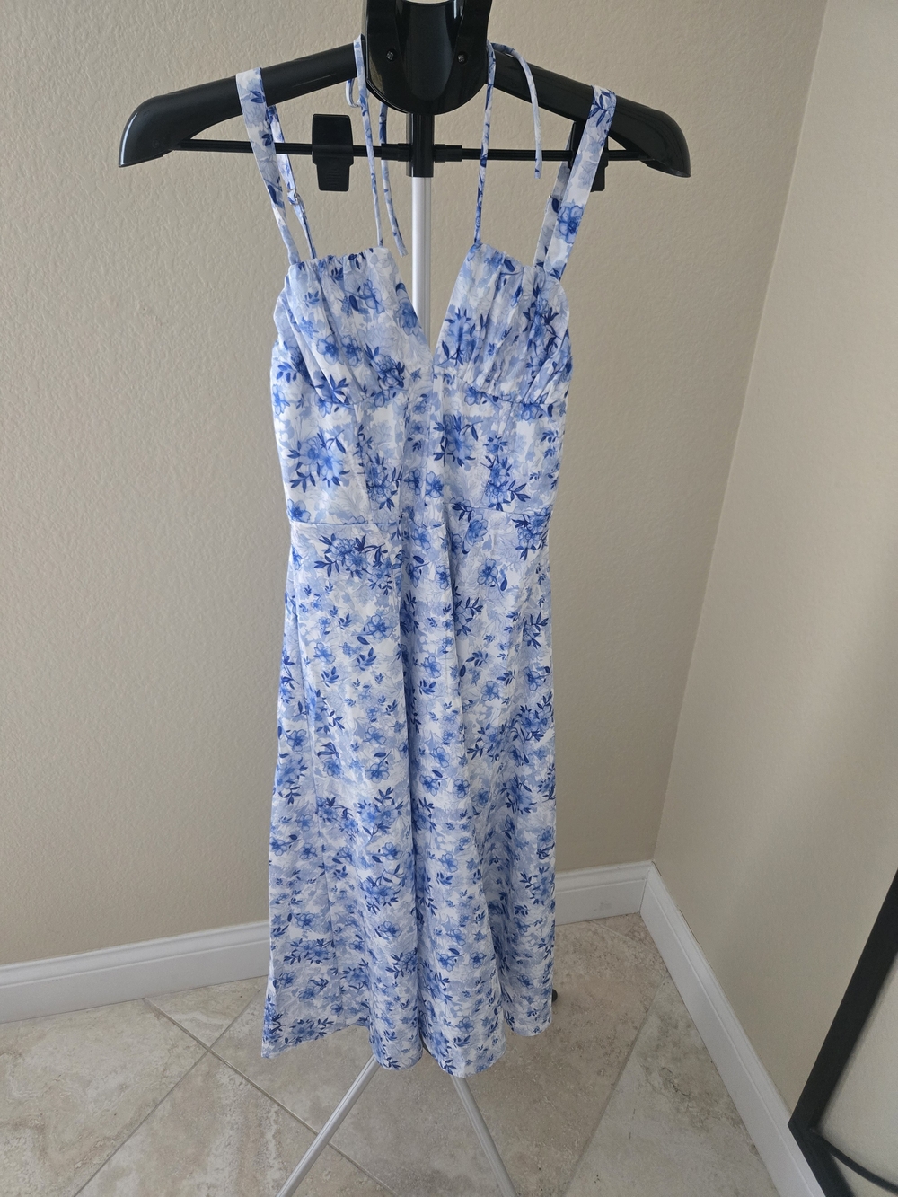 Blue Floral Midi Dress with Spaghetti Straps